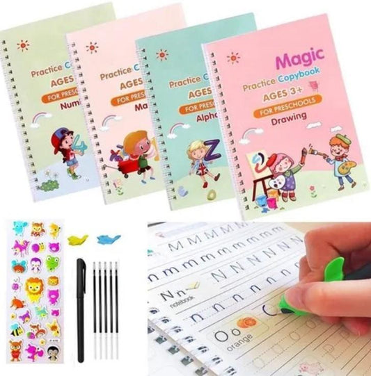 Magic Practice Copybook set for kids with 4 books, 10 refills, colorful reusable writing tool