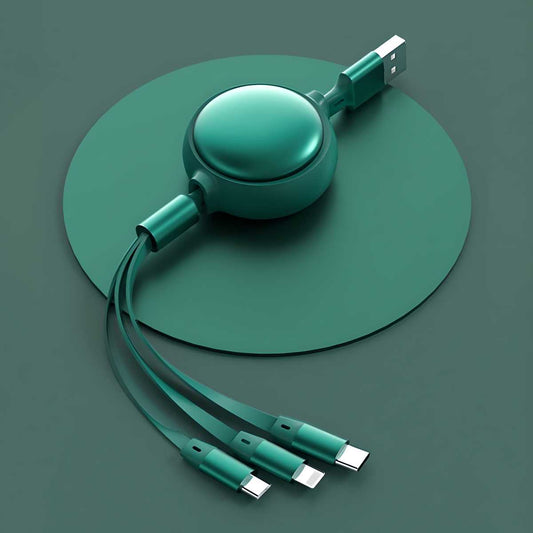 3 in 1 Charging Data Cable with USB, Type-C, Android, and iOS connectors for multi-device charging
