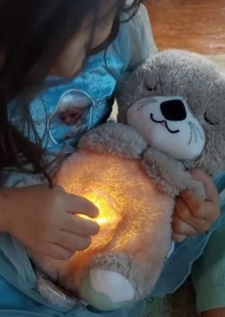 Grey Breathing Teddy Bear plush with soothing music, 12x8x6 cm, soft and huggable