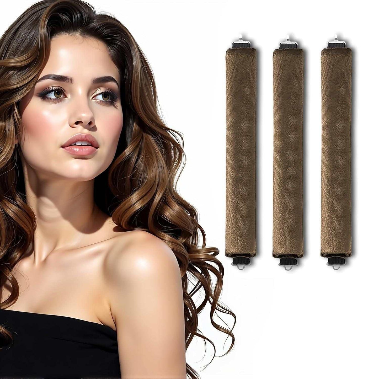 Pack of 3 heatless curling rods with hooks made of satin flexi material for overnight curls